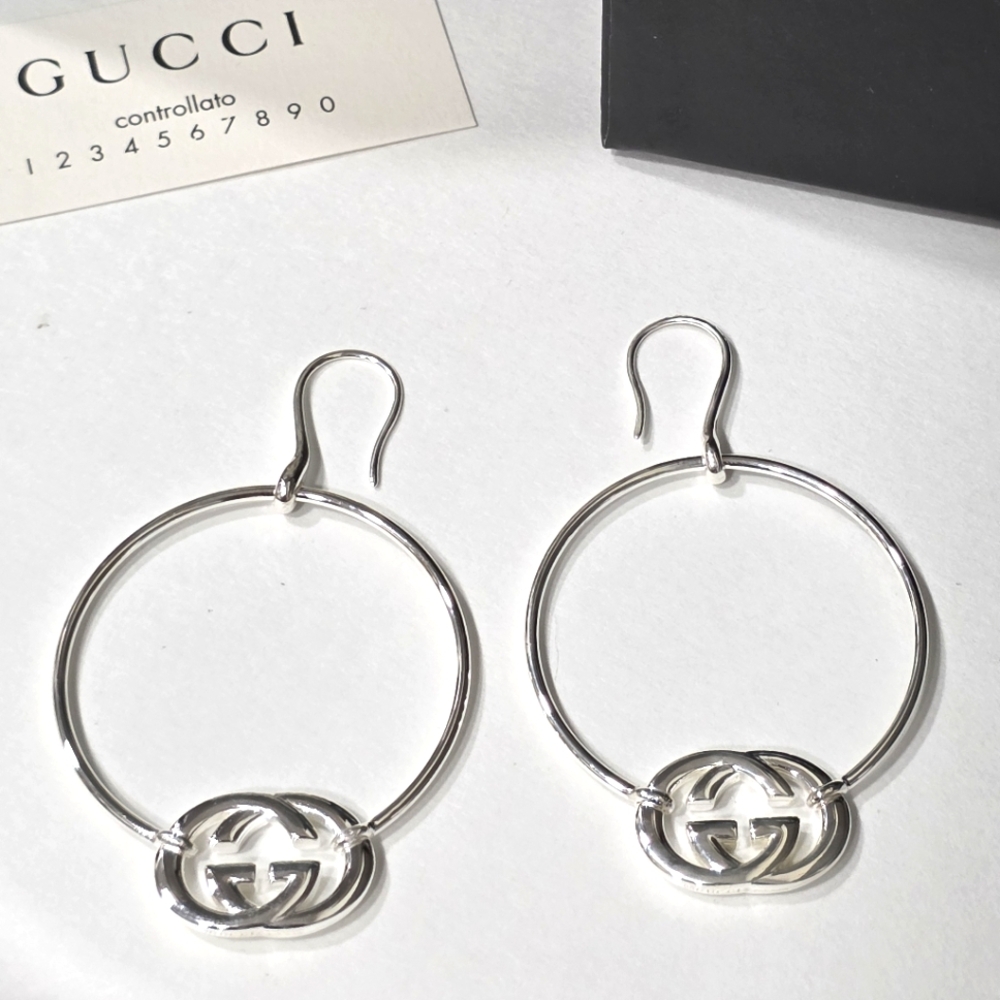 New, Gucci Sterling Silver Large "Brit" GG Hoop Earrings - Picture 8 of 16